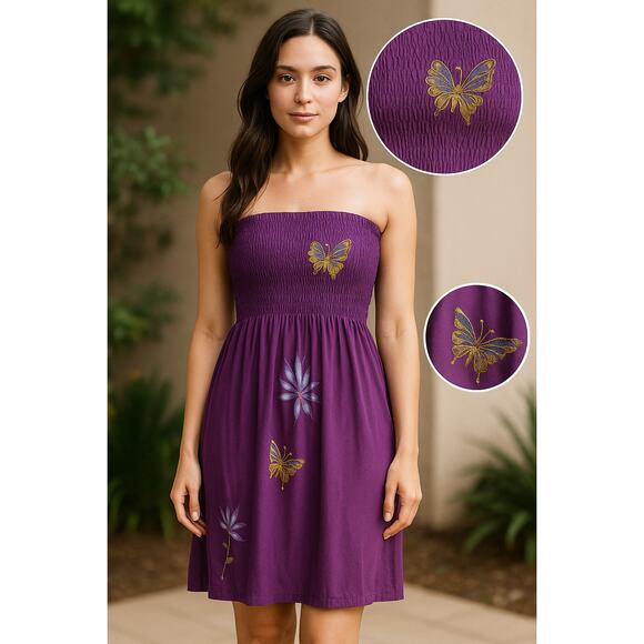 Tiki Palm Purple Metallic Butterfly Tube Dress Med Indie Y2K Beachy Boho Vacay - Picture 2 of 11
